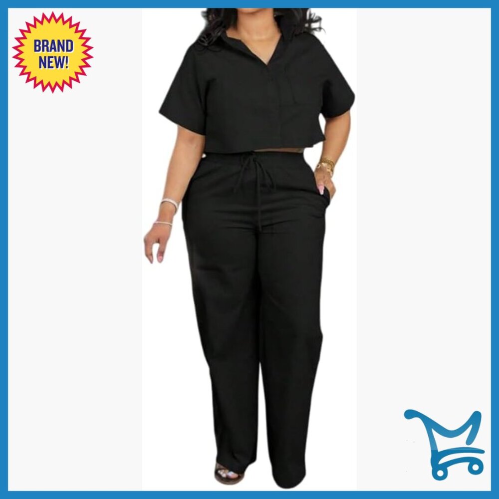 Large 2-Piece Polyester Set Cropped Top Wide Leg Pants Casual Outfit